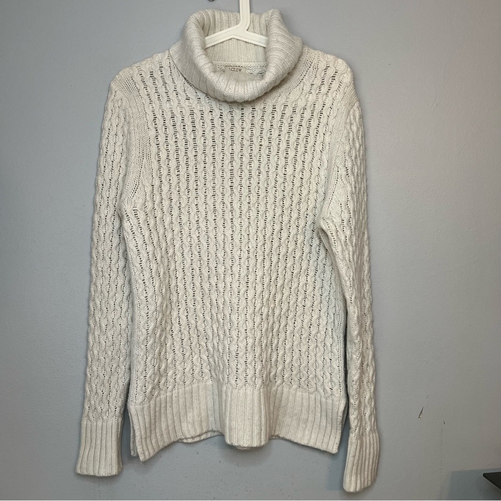 J Crew Pullover Knit Sweater Wool Blend Turtleneck Fisherman White Sz M Thick